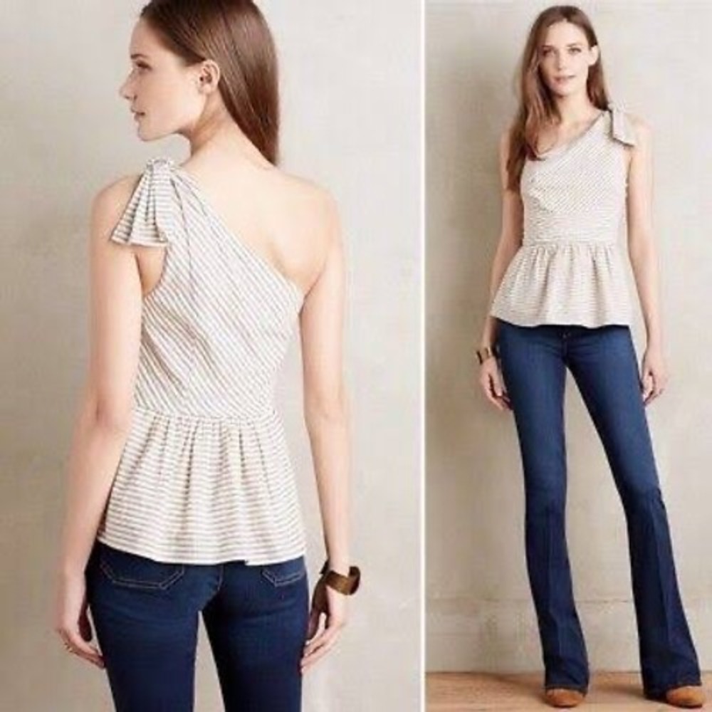 HD in Paris Anthropologie Striped One Shoulder Peplum Bow Top US 14